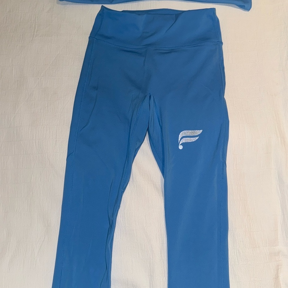 Fabletics blue workout leggings and tank top